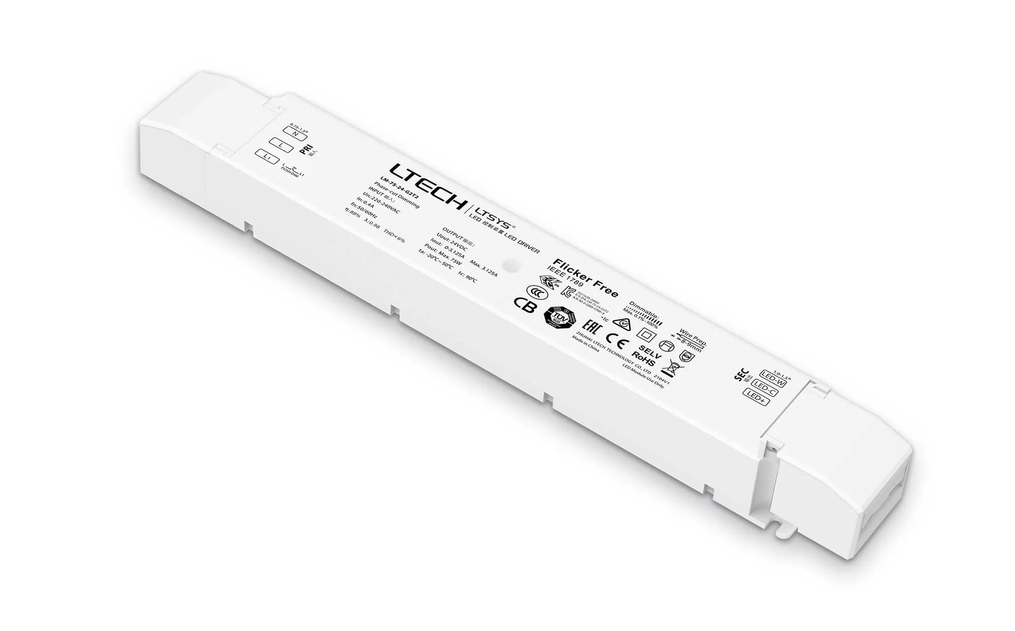 Leading edge (Triac), Trailing edge (ELV) Phase-cut and Push DIM/CCT, 0-100% Dim, Constant Voltage 75W, 24Vdc 3.12A, 200-240Vac, IP20, 5yrs Warranty.